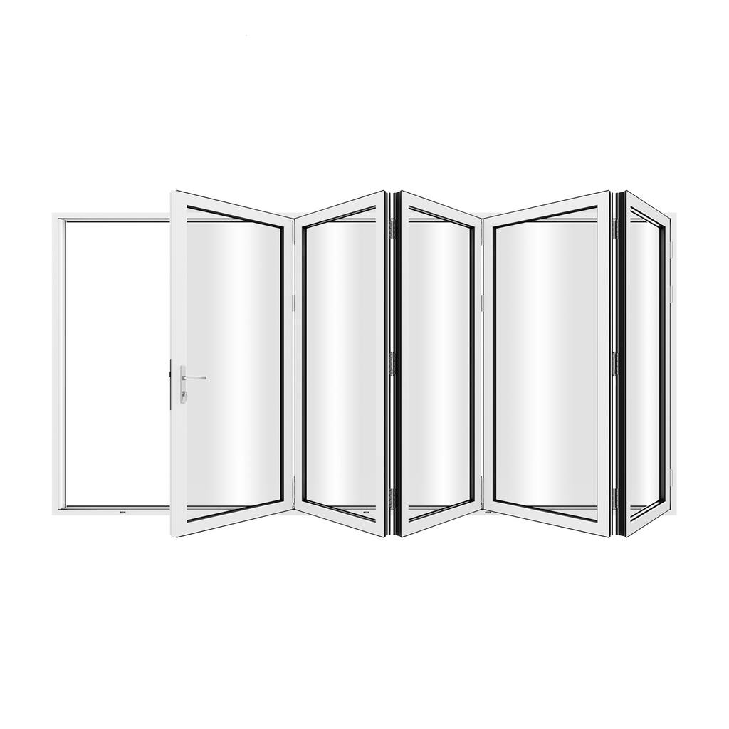 KaMic 168"×80" 5 Panels Aluminum Folding Door In White,Folded Out From Left To Right Model #:FD5PWH16880-LR