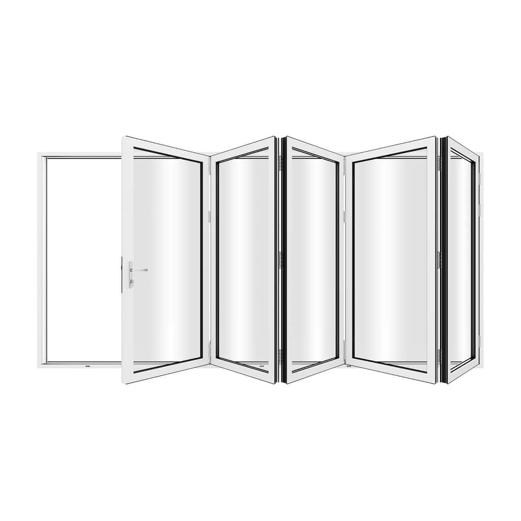 KaMic 168"×96" 5 Panels Aluminum Folding Door In White,Folded Out From Left To Right Model #:FD5PWH16896-LR