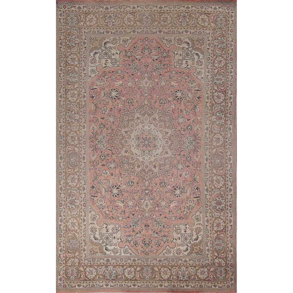 Pink Tabriz Vintage Persian Rug Hand-Knotted Traditional Wool Carpet - 6'6" x 9'11"
