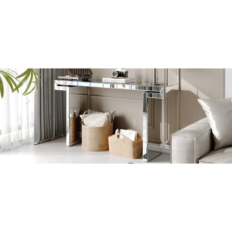 Roomfitters 60" Luxury Mirrored Console Table, Fluted Tempered Glass Entryway Table with Silver Finish & Scratched Resistance