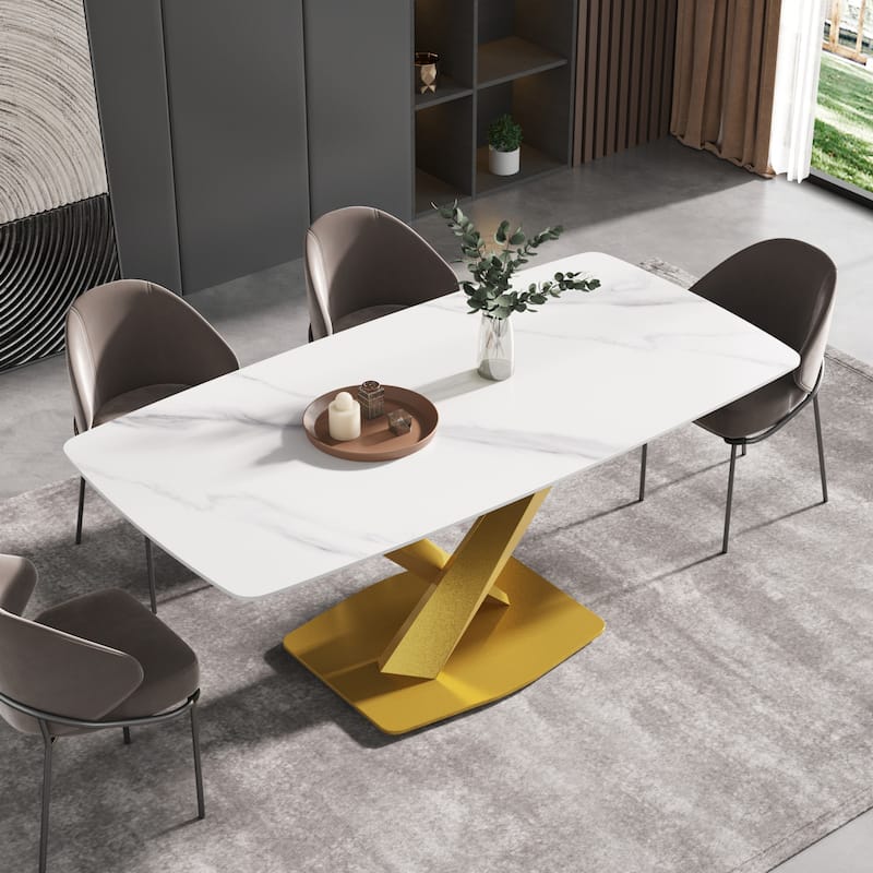 71" Modern Dining Table with Slate Stone Top and Metal Legs, Marble Dining Table - White&Gold
