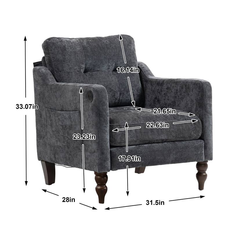 Accent Comfy Chenille Chair w/USB charging port,High-support Sponge,Wide Backrest, Upholstered Arm Chair w/Side Storage