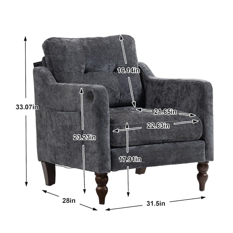 Chenille Accent Chair with USB Port, Ergonomic Upholstered Armchair, Lounge Reading Chair with Side Pocket & Wooden Legs - DARK GREY