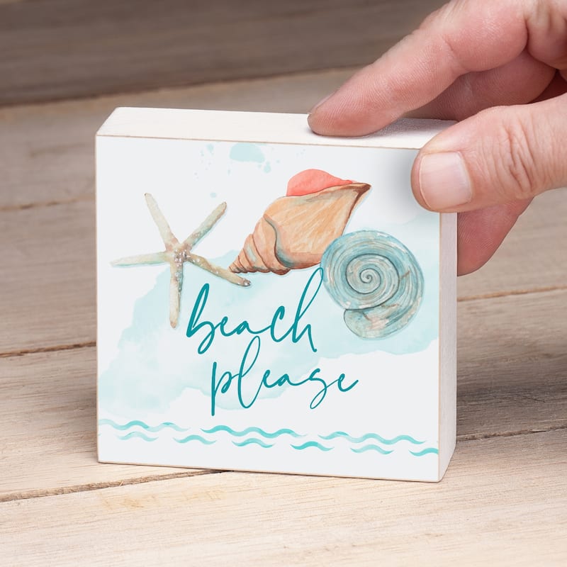 Wood Block Décor Message Beach Please Sign, 3.75 inches Square, Made in The USA - Multi-2
