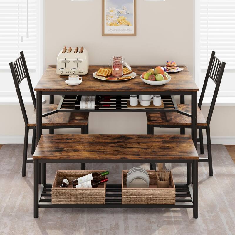 47.2" Rectangular Dining Table Set with Storage Bench and Wine Rack