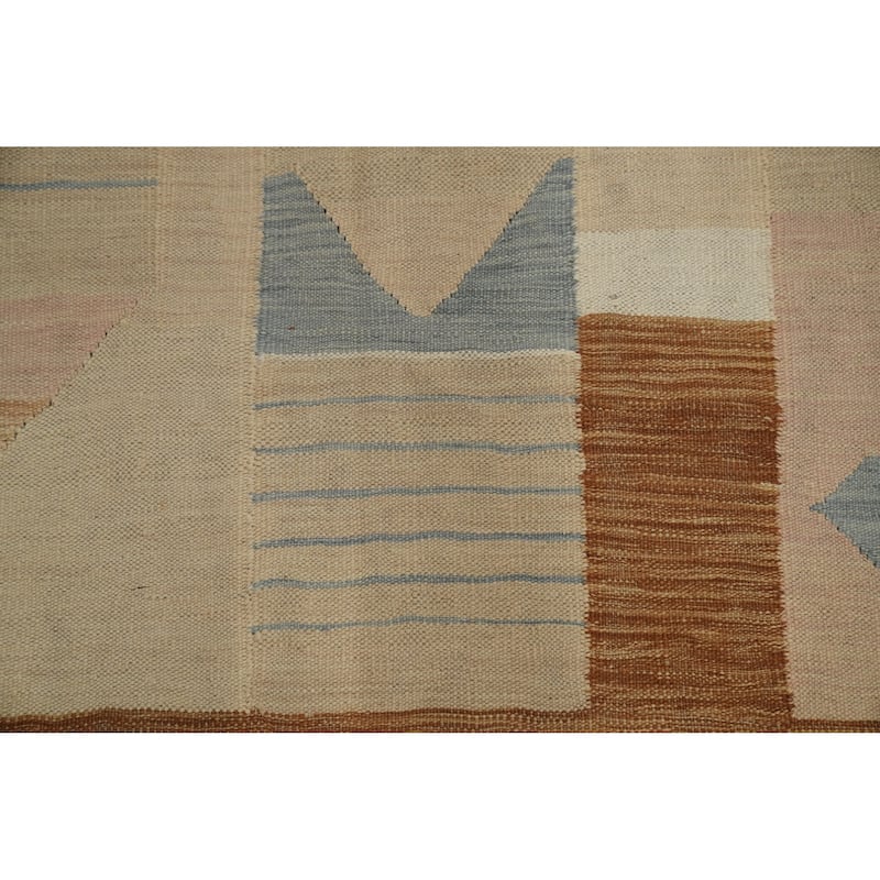 Hand Woven Oriental 100% Wool Carpet Southwestern Tribal Beige & Ivories Kilim Area Rug - 9' 7'' X 6' 7''