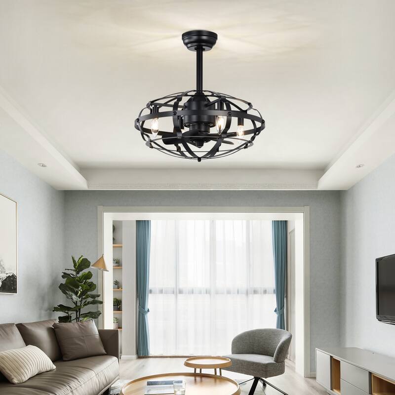 20" Industrial Ceiling Fan Light Kit for Living Room Bedroom Kitchen and Bladeless Caged Ceiling Fan with Lights - 20 Inches