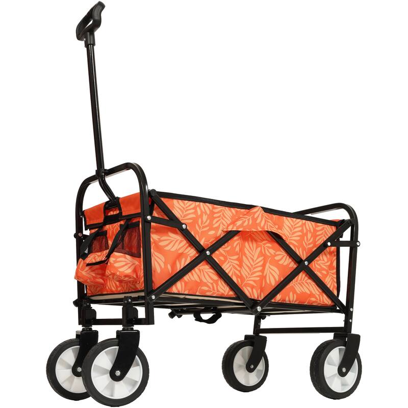 Patterned Collapsible Utility Wagon - Orange Leaf Design with Storage Straps, 225lb Capacity