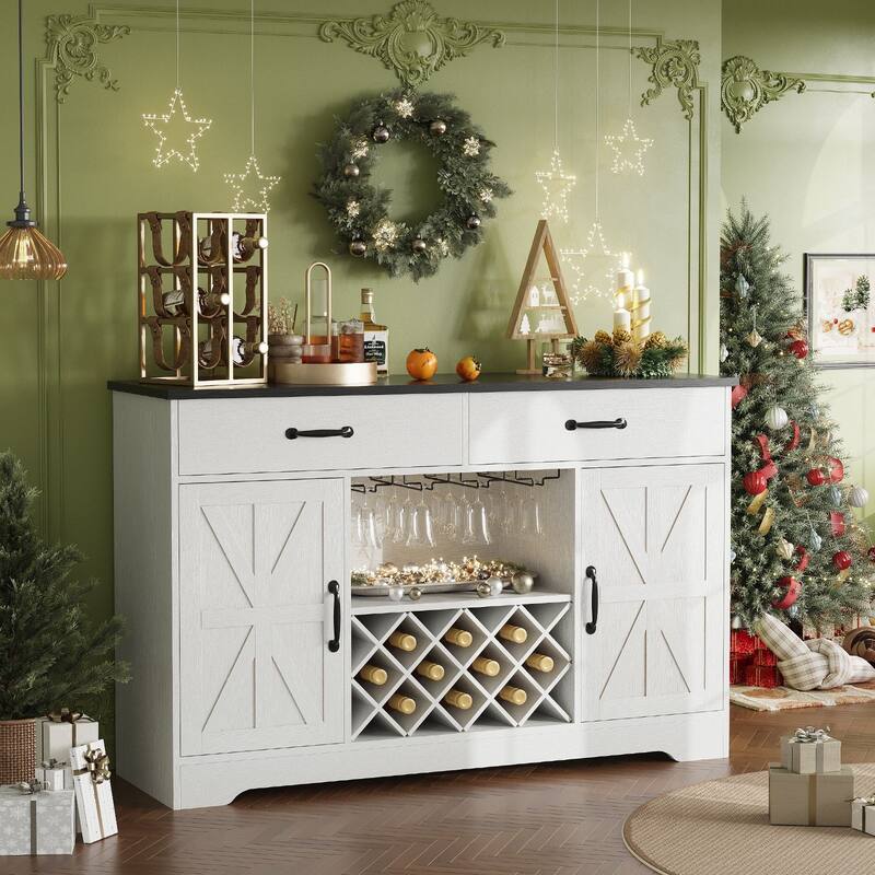 Gymojoy 55" Farmhouse Bar Cabinet with Wine Rack & Coffee Station, Rustic Storage for Dining Room, Kitchen, Living Room