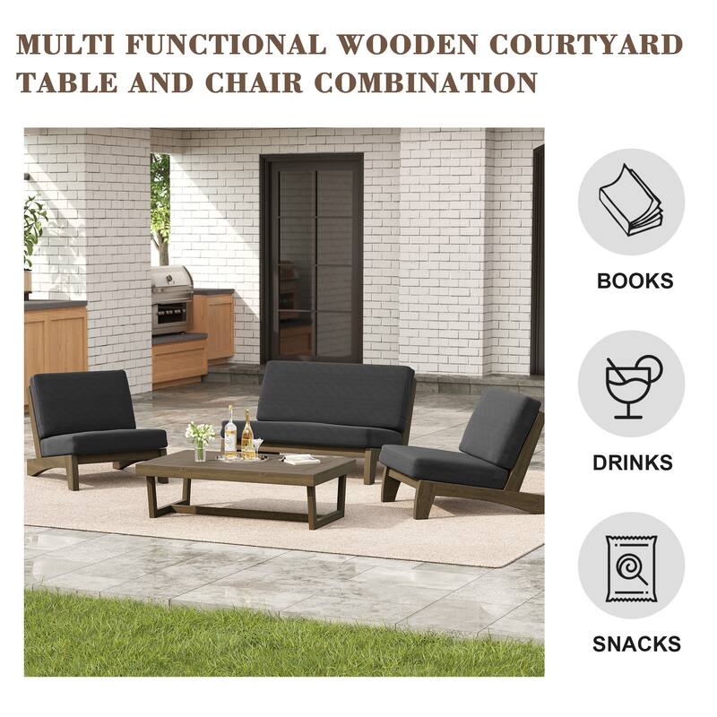 4 Set Outdoor Patio Teak Wood Club Chairs Loveseat with Coffee Table