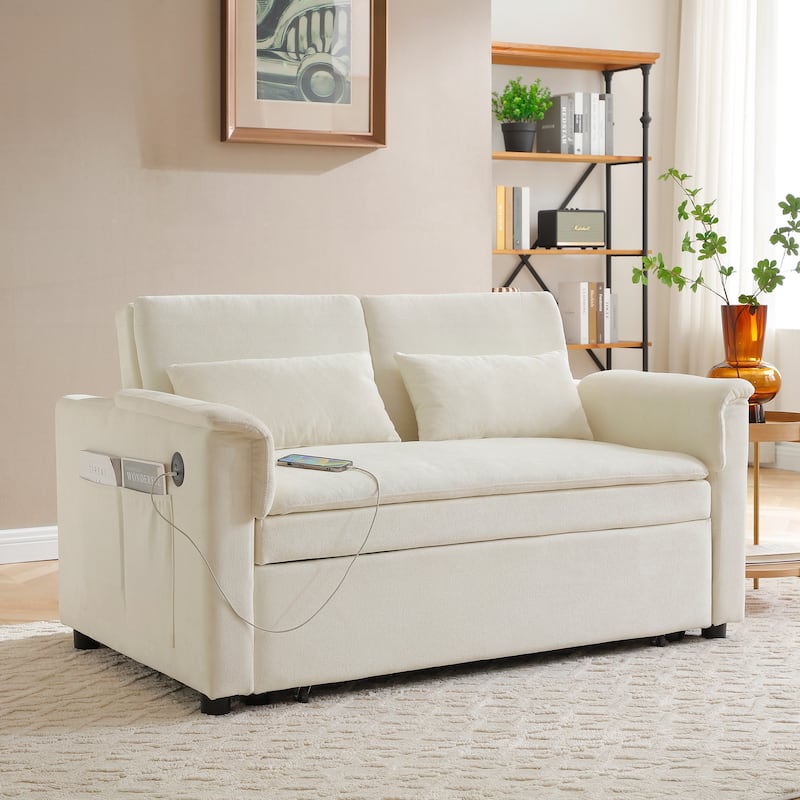 55" Velvet Two Seater Pull Out Sofa Bed, Adjustable Backrest With USB Ports, Two Side Pockets