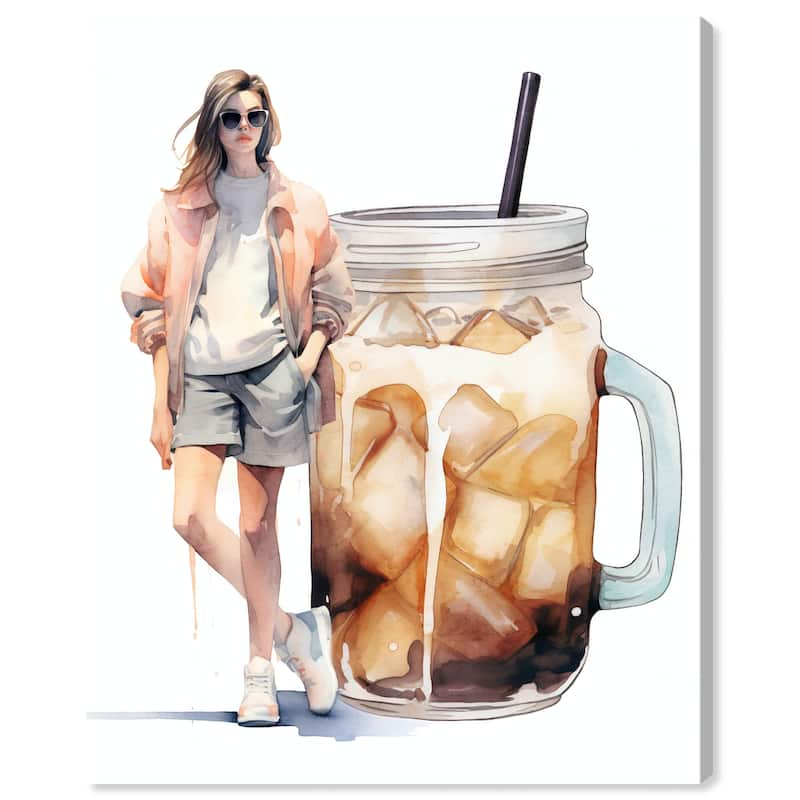 Wynwood Studio Canvas Drinks and Spirits Miss Ice Coffee Girl Brown and Modern & Contemporary Wall Art Canvas Print