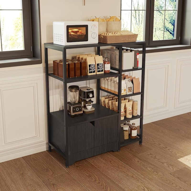Bakers Rack with Storage Cabinet, 5 - Tier Coffee Bar with Shelves - Black