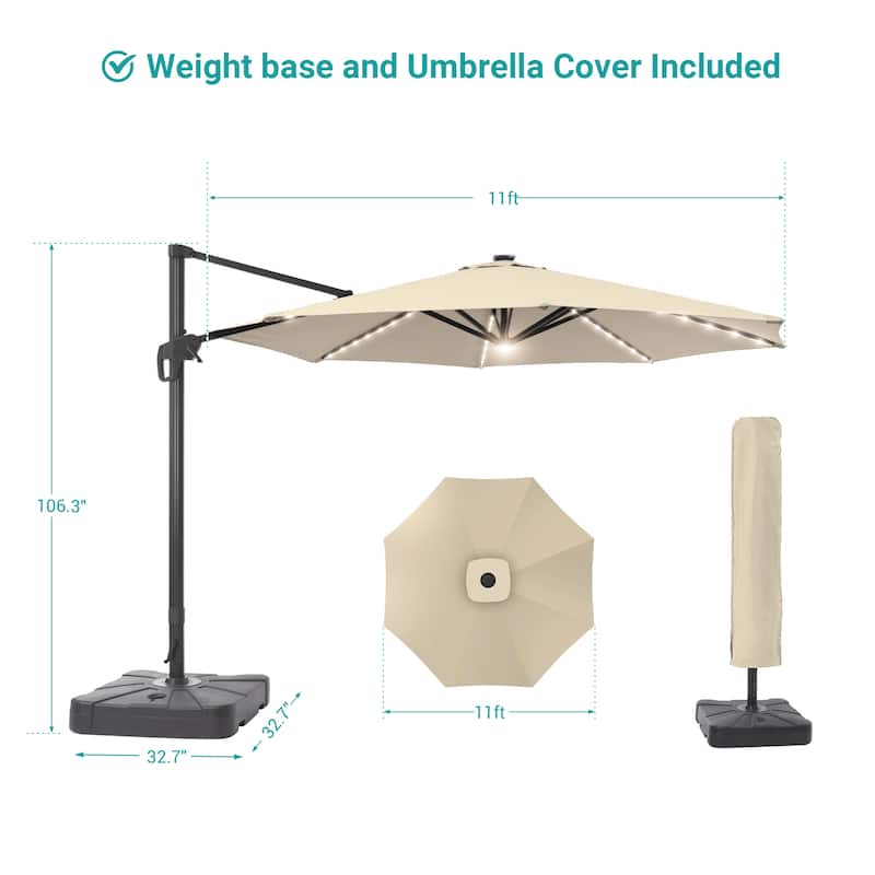 11FT Solar LED Patio Cantilever Umbrella With Resin Base by Bonosuki