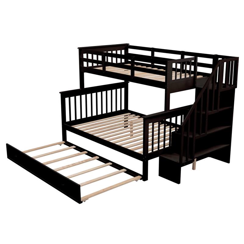 Twin-Over-Full Bunk Bed with Trundle, Storage, and Guard Rail for Bedroom or Dorm