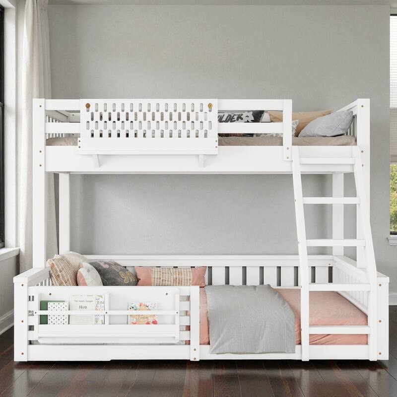 Twin XL over Queen Bunk Bed with Ladder, Guardrails, Pegboard Storage and Built-in Bookshelf, Solid Wood Frame - White - Queen