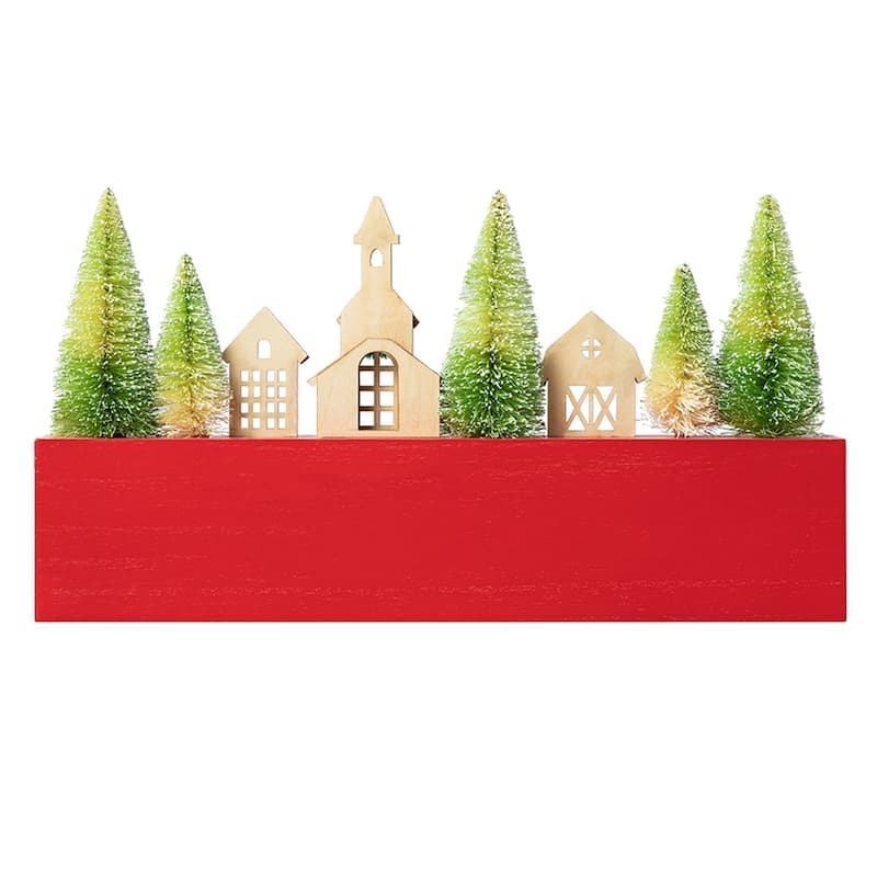 Glitzhome 14"L Christmas Wooden House Brush Trees Table Decor