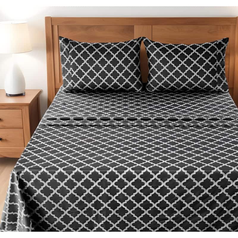 Four Piece Black and White Quatrefoil Microfiber Full Double Sheet Set - Black and White - Full
