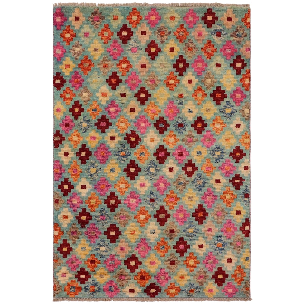 Modern Balochi Costa Blue/Red Hand Knotted Wool Rug - 3'2'' x 4'10''