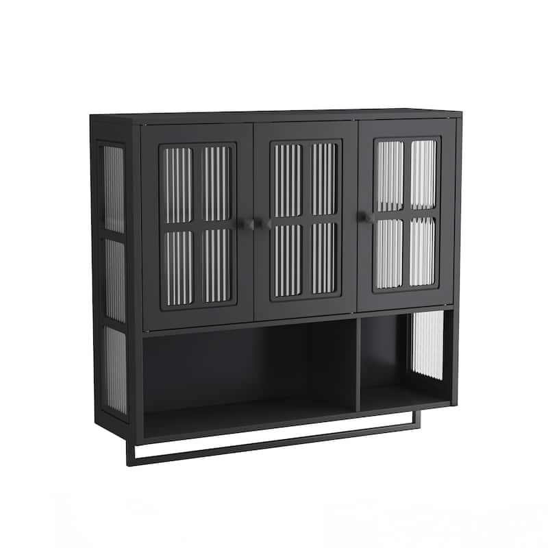 Bathroom Wall Cabinet, 3-Door Wooden Wall Cabinet with Open and Hidden Storage Space, Medicine Cabinet with Glass Door