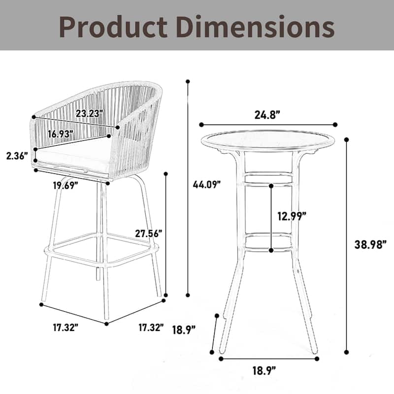3-Piece Outdoor Bistro Set w/ 2 Swivel Chairs, Round Table, Bar Height
