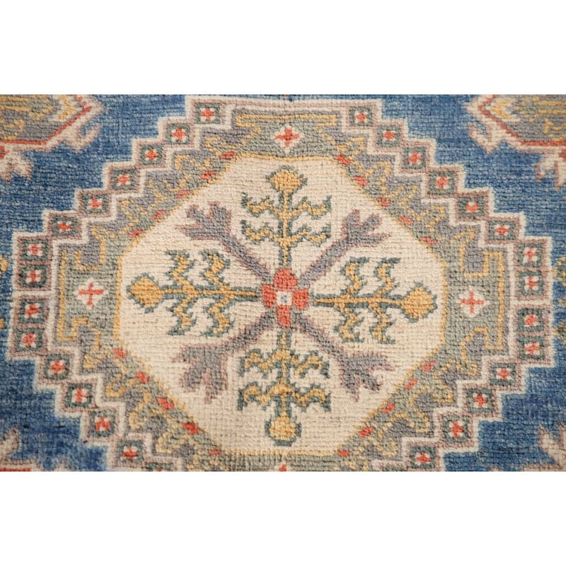 Blue Geometric Kazak Oriental Area Rug Hand-Knotted Wool Carpet - 4'0"x 5'9"