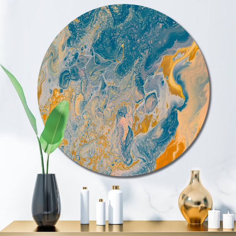 Designart 'Brown And Blue Marble Waves' Modern Metal Circle Wall Art - 23x23 - Disc of 23 Inch