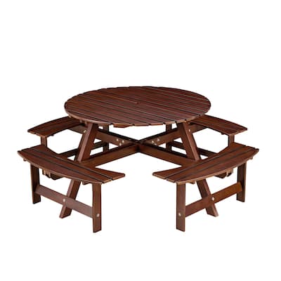 8-Person Outdoor Round Picnic Table Set with 4 Built-in Benches & Umbrella Hole