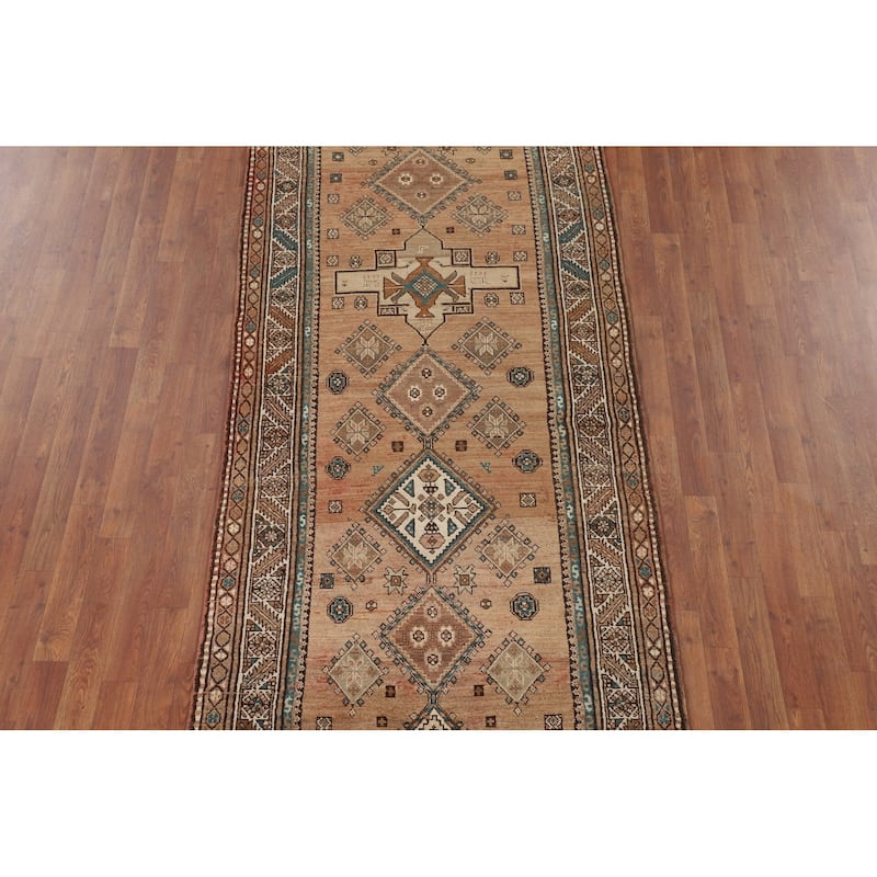 Geometric Heriz Persian Vintage Runner Rug Handmade Wool Carpet - 3'9"x 13'1"