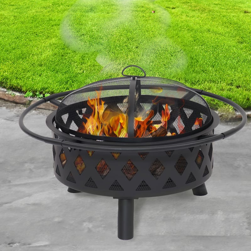 Sunnydaze Crossweave Wood-Burning Fire Pit with Spark Screen and Poker