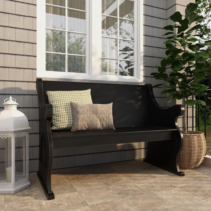 Black Wood Storage Bench with Scrolled Armrests