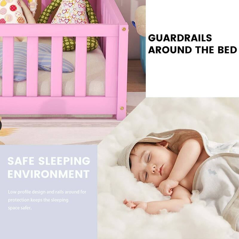 Twin Size Bed Floor Bed with Safety Guardrails and Door for Kids