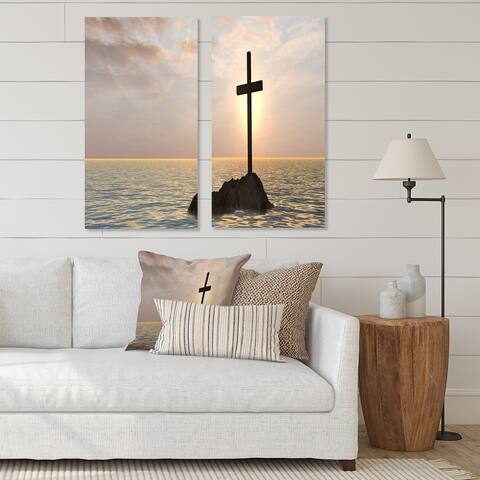 Designart "Jesus Christian Cross in Bay View" Religious Canvas Wall Art Print 2 Piece Set
