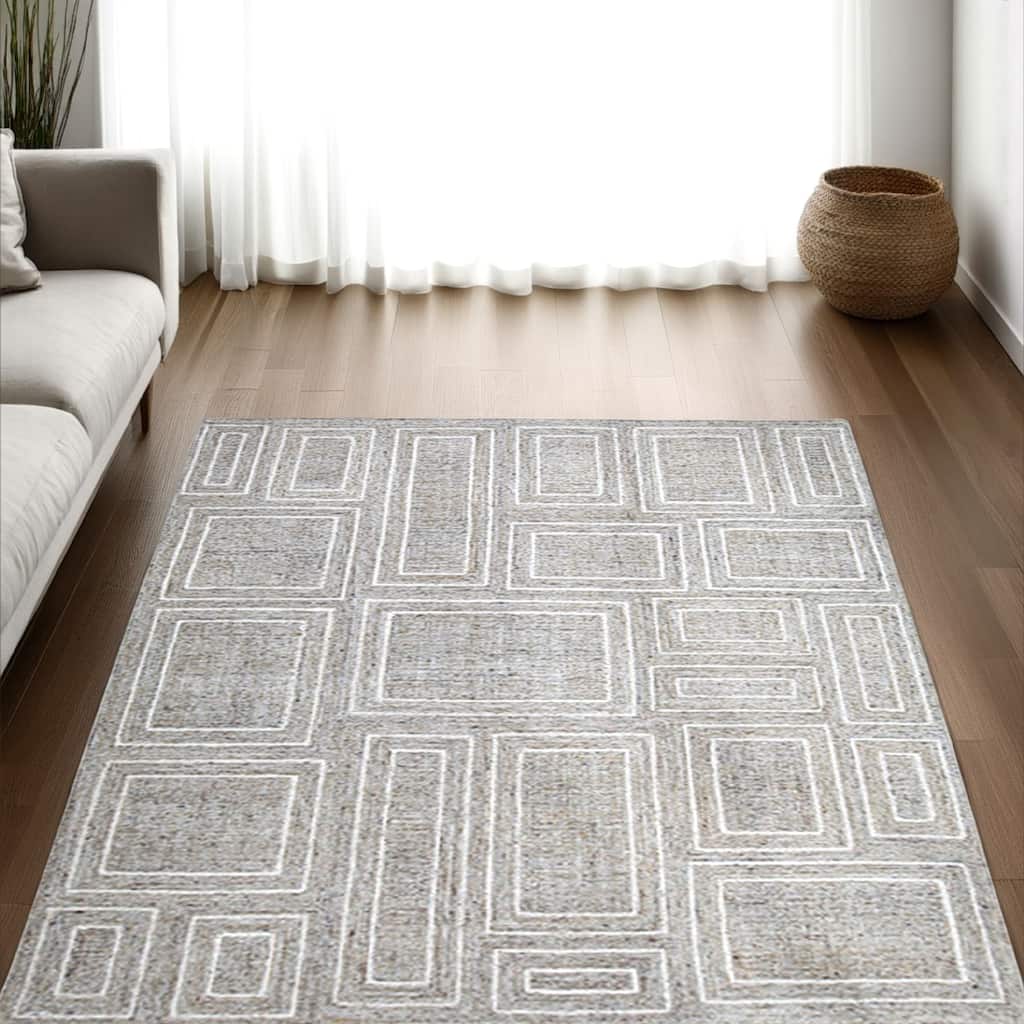 Bora 8 x 10 Area Rug, Geometric Pattern, Polyester Gray White Wool, Cotton - 8 x 10