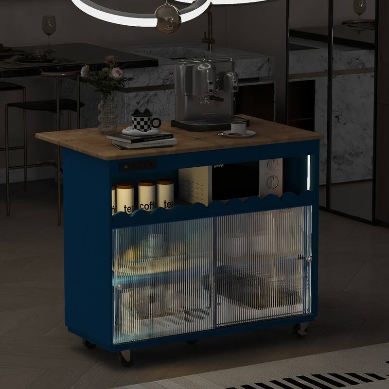 44 in. Rubber Wood Drop-Leaf Countertop Kitchen Island on 5 Wheels with Open Shelf and Wine Rack