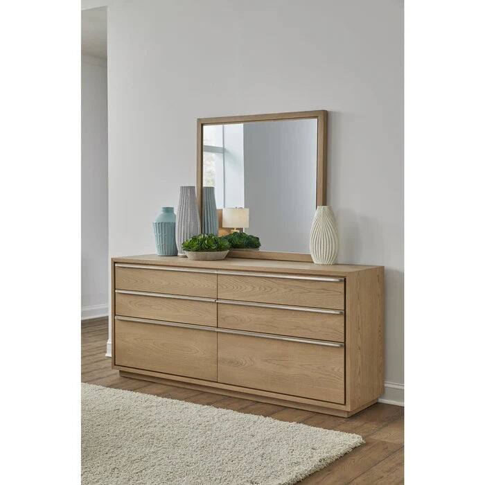 Seabourne Modern Upholstered Platform Bedroom Set in Bisque (Bed + Dresser and Mirror + Nightstand + Chest)