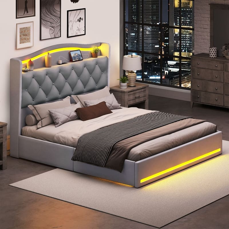 Moasis Queen Size Velvet Upholstered Bed Frame with 4 Storage Drawers & RGB Lights