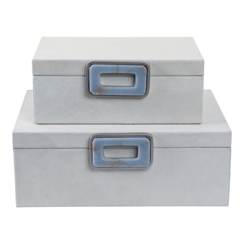 Decorative Suede Box with Lid and Gemstone - Set of 2, 14", 11" White - 14.0"