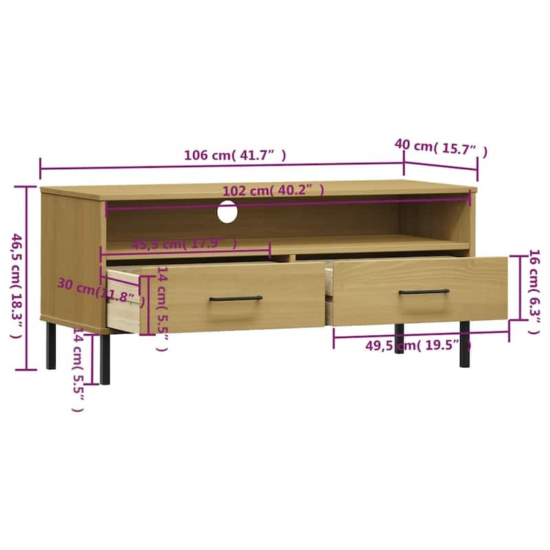 vidaXL TV Stand TV Console TV Console with Metal Legs Solid Wood Pine OSLO - 41.7" x 15.7" x 18.3"