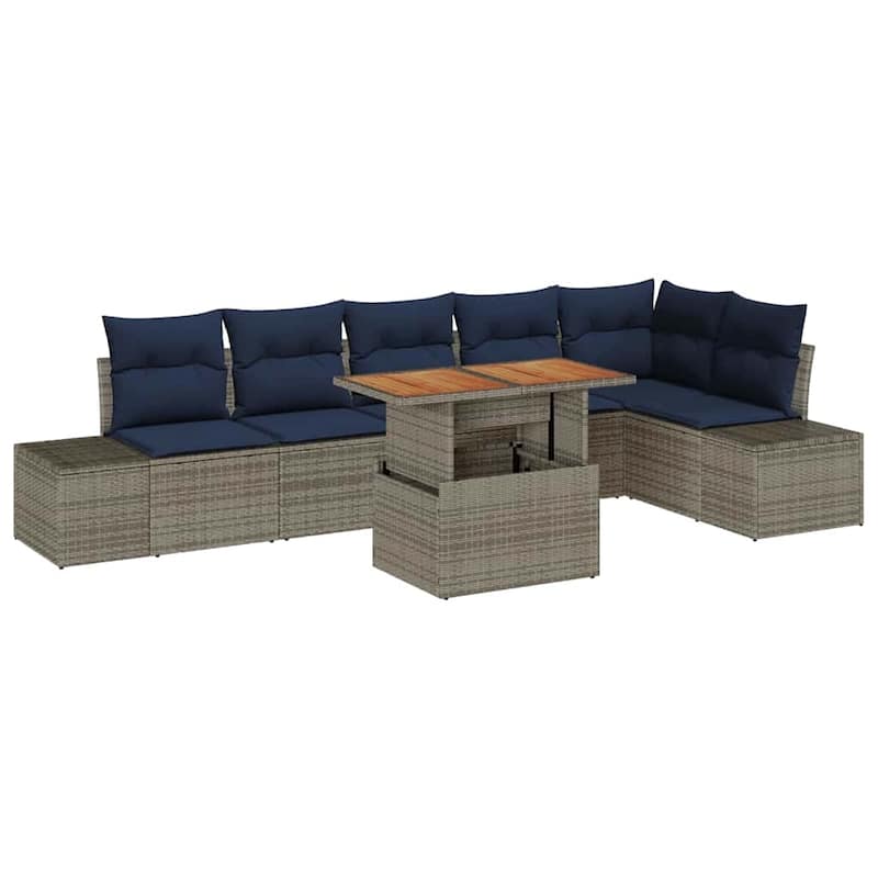 vidaXL 7 Garden Sofa Set with Cushions Black/Grey Poly Rattan - 125.6 x 60.6 x 27.2