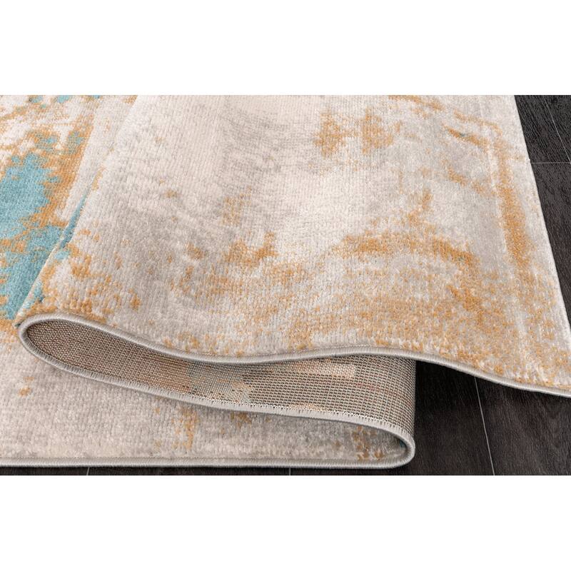 Modern Minimalistic Rustic Abstract Orange Mustard Blue Ivory Area Rug