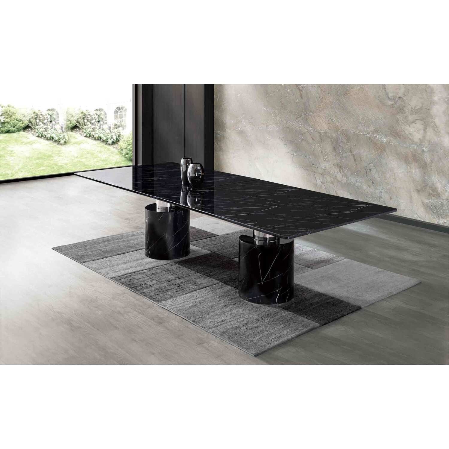 Extra Large Dining Table - Black Marble Glossy Top with Stainless Steel Base for 8 Person Dining - 63