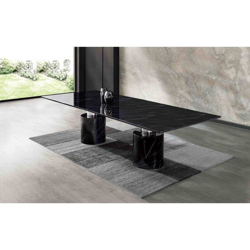 Extra Large Dining Table - Black Marble Glossy Top with Stainless Steel Base for 8 Person Dining - 63