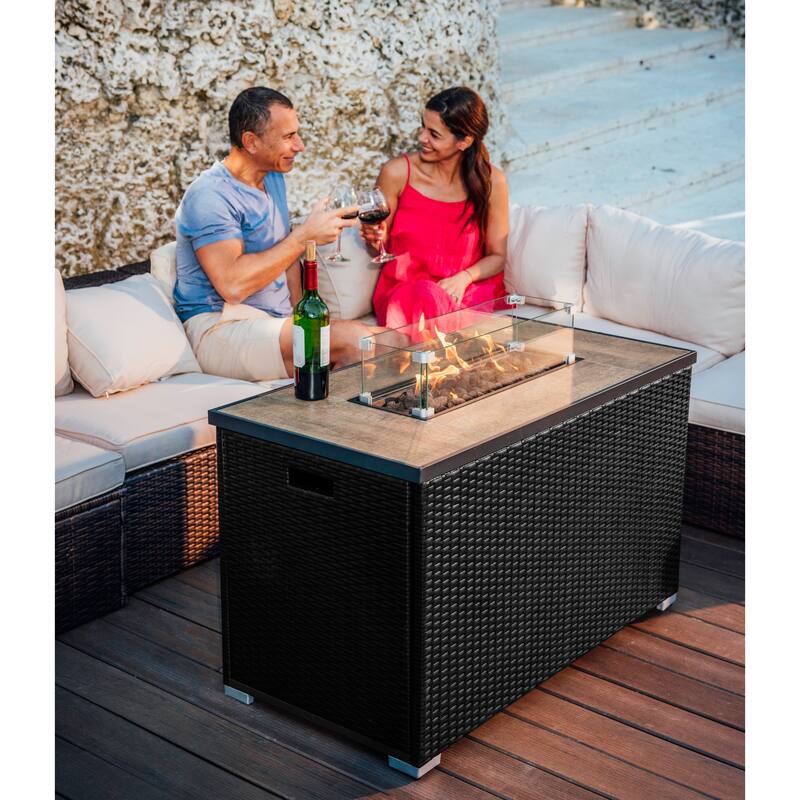 Empyrean Outdoor 43" Wicker Fire Pit Table with Glass Shield