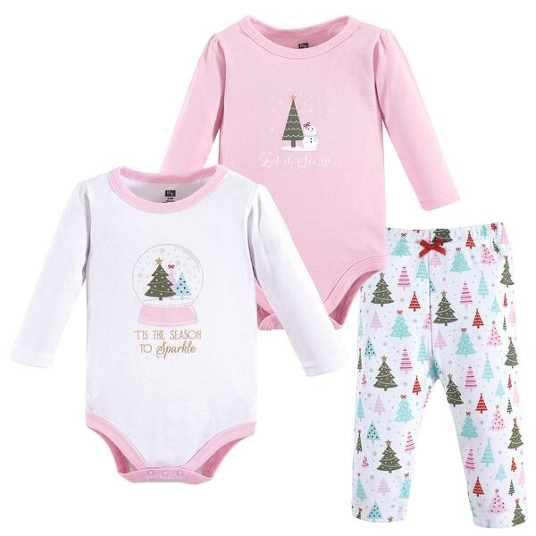 slide 1 of 1, Hudson Baby Infant Girl Cotton Bodysuit and Pant Set, Sparkle Trees 0-3 Months - Pink Sparkle Trees