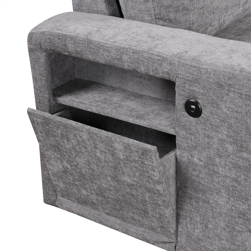 Grey 90.6'' L-Shaped 6-Seat Modular Sofa with Built-In Storage and USB Ports