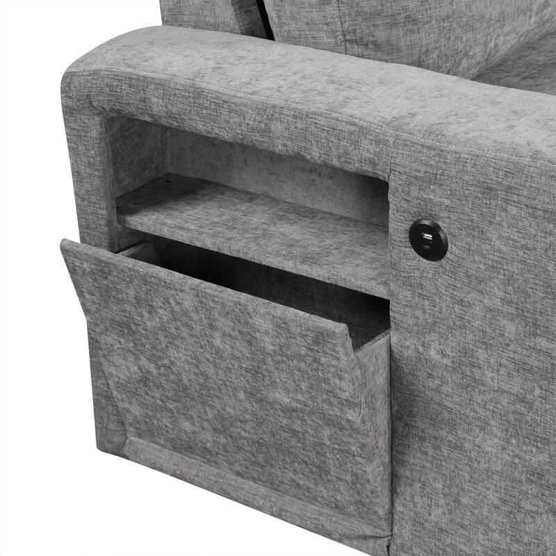 Grey 90.6'' L-Shaped Modular 6 Seater Sectional Sofa with Storage, USB Ports & Cup Holders, for Living Room or Office