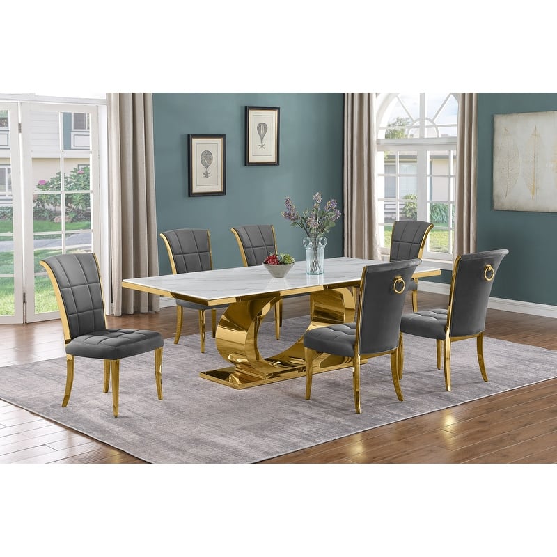 Best Quality Furniture D432/3-SC320-7 Dining Set with 87" White Marble Top - Dark Grey / Gold - 7-Piece