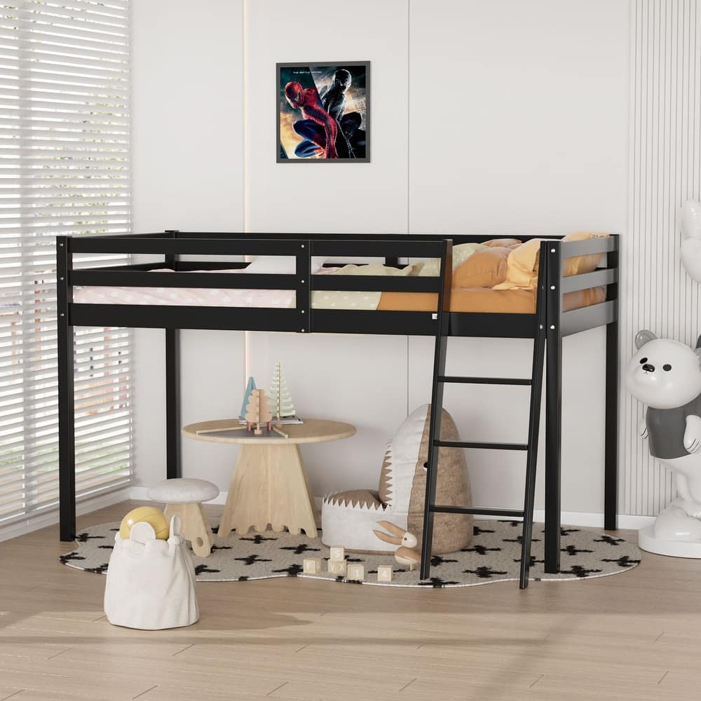 Espresso Wood Junior Loft Bed with Stairs for Adults, Kids and Young Teens