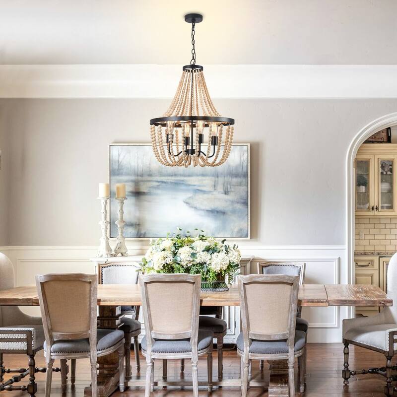 Farmhouse Beaded Chandelier Wood Chandelier Wood Bead Chandelier - 4-Light